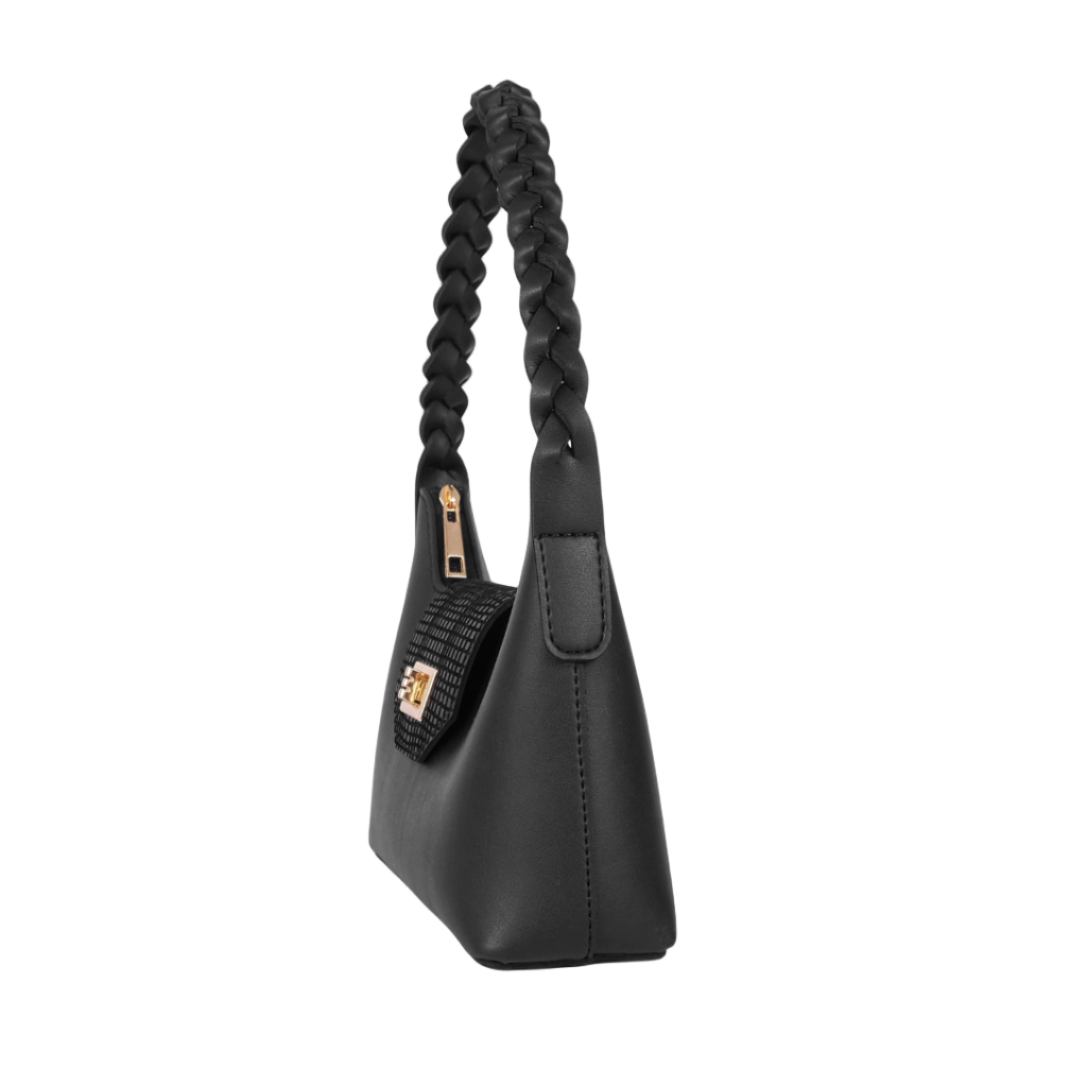 Black Braided Handle Shoulder Handbag Faux Leather with Twist Lock