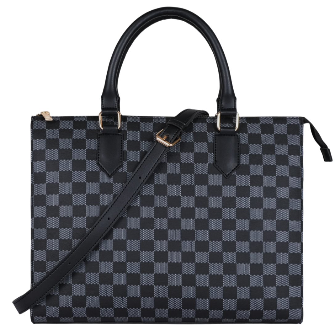Black Checkered Handbag Faux Leather with Adjustable Strap