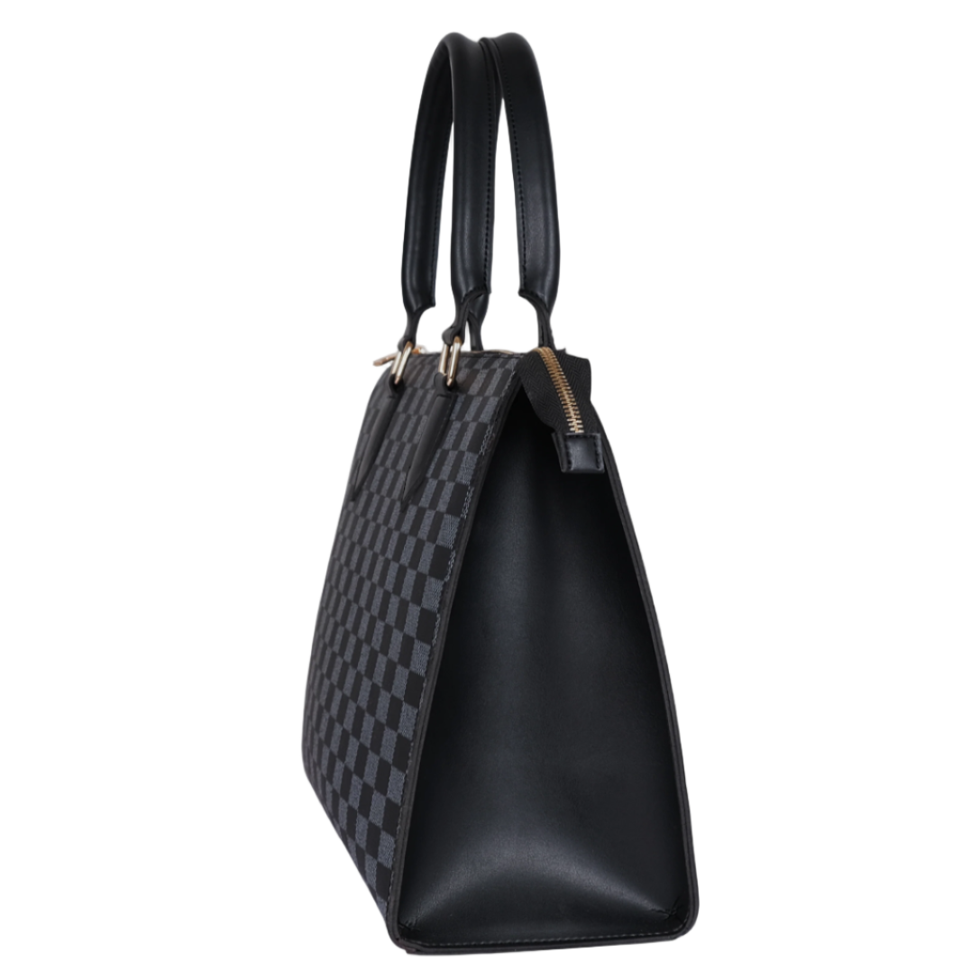 Black Checkered Handbag Faux Leather with Adjustable Strap