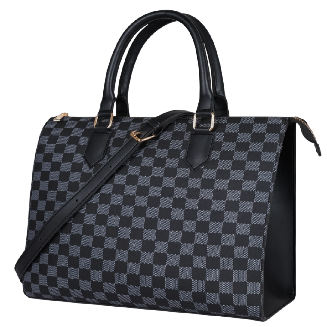 Black Checkered Handbag Faux Leather with Adjustable Strap