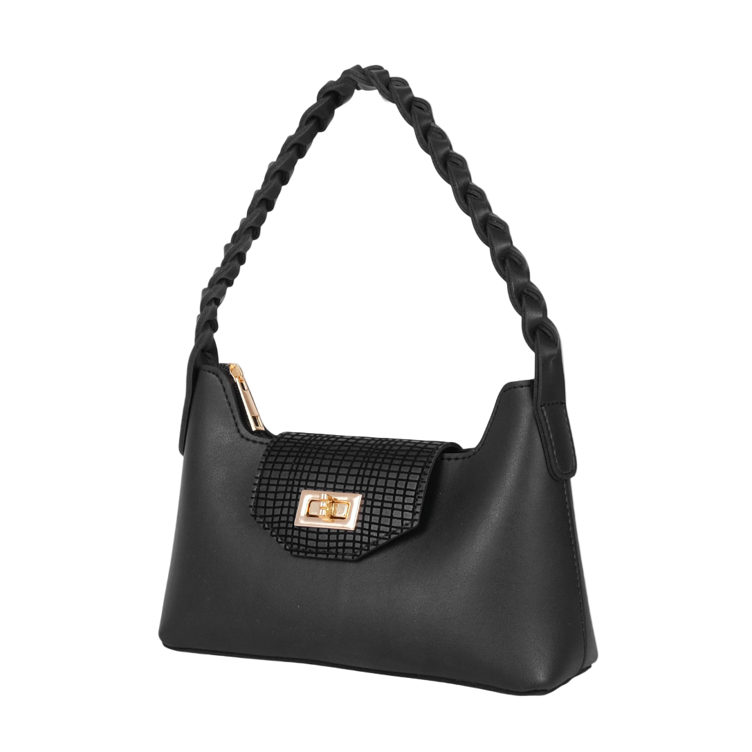 Black Braided Handle Shoulder Handbag Faux Leather with Twist Lock