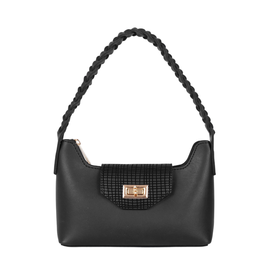 Black Braided Handle Shoulder Handbag Faux Leather with Twist Lock