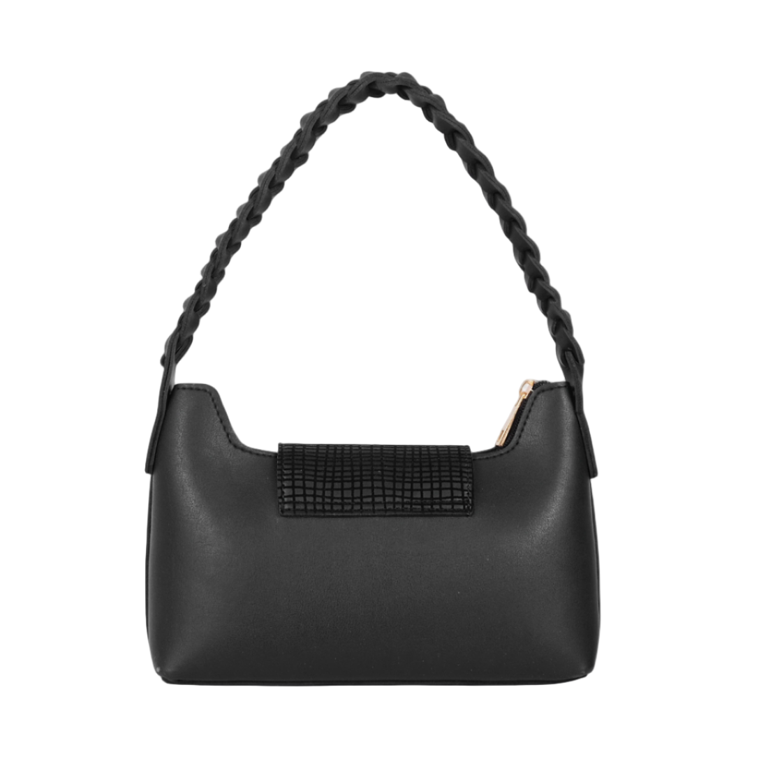 Black Braided Handle Shoulder Handbag Faux Leather with Twist Lock